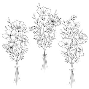May include: Three black and white line drawings of bouquets of flowers. Each bouquet is tied together at the bottom with a ribbon.