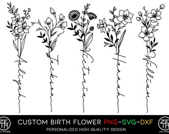 Birth Flower Name Tattoo Design, Custom Tattoo Commission, Floral Tattoo Design, Digital Download, Flower SVG, Custom Name Flower Bouquet
