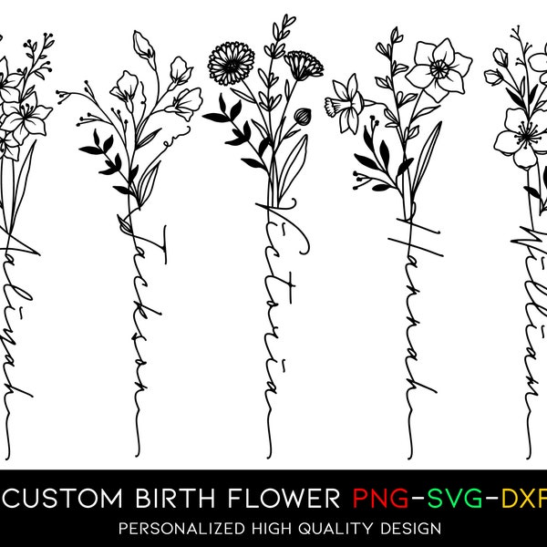 Birth Flower Name Tattoo Design, Custom Tattoo Commission, Floral Tattoo Design, Digital Download, Flower SVG, Custom Name Flower Bouquet