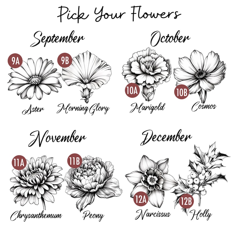 May include: Black and white floral illustrations with the text "Pick Your Flowers". The image features Aster, Morning Glory, Marigold, Cosmos, Chrysanthemum, Peony, Narcissus, and Holly. Each flower is labeled with its name and a month.