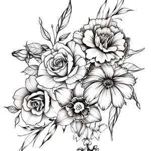 May include: Detailed black and white floral illustration featuring roses, peonies, and other flowers. The artwork showcases intricate shading and line work, creating a realistic and elegant botanical design. Perfect for tattoo art or decorative prints.