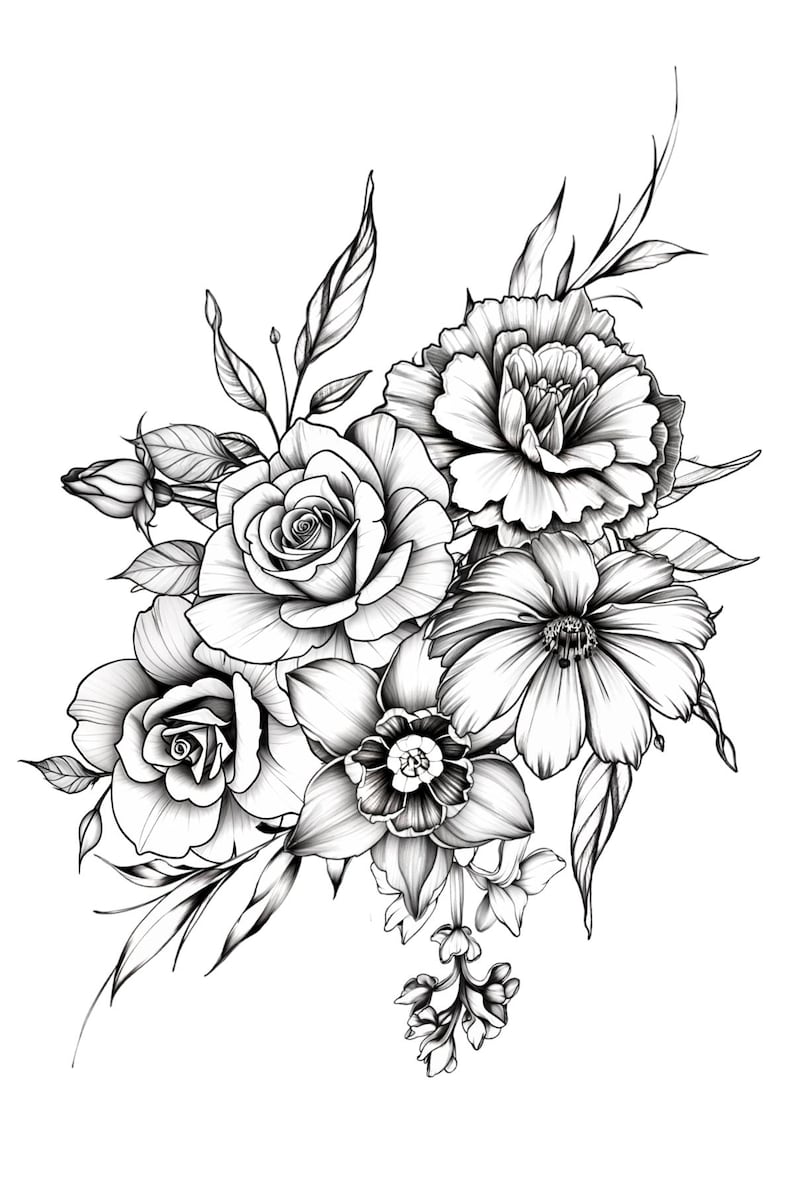 May include: Detailed black and white floral illustration featuring roses, peonies, and other flowers. The artwork showcases intricate shading and line work, creating a realistic and elegant botanical design. Perfect for tattoo art or decorative prints.