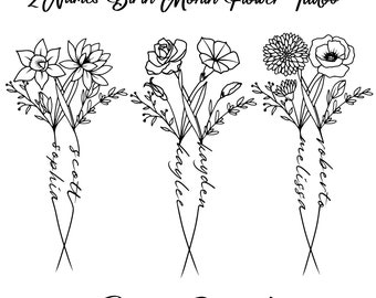 2 Names Birth Month Flowers Tattoo Art , Custom Name Design , Couple Family Personalized Tattoo Design , Line Art Birth Flower Tattoo Design
