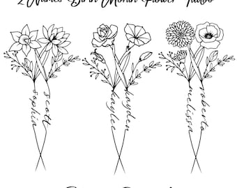 Custom Birth Flower Tattoo Design: Two Names, Floral Line Art (Digital Download)