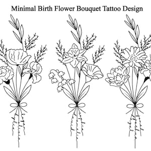 Minimal 3 Birth Flower Bouquet with Names, Family Birth Month Tattoo Design, Family Bouquet Tattoo Design, Flower Tattoo Art, Flower Name