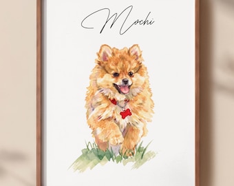 May include: A framed watercolor print featuring a fluffy tan Pomeranian dog running through green grass. The dog wears a red collar with a red bone-shaped tag. Above the dog, the name Mochi is written in black cursive script.