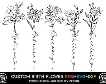 Custom Birth Flower Name Tattoo Design (PNG, SVG, DXF)