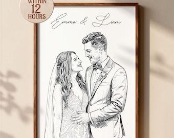 May include: A framed black and white line art portrait of a couple in wedding attire, featuring a person in a lace gown with a veil and a person in a tuxedo with a bowtie. The text "Emma & Liam" is written above, and a circular badge reads "READY WITHIN 12 HOURS".