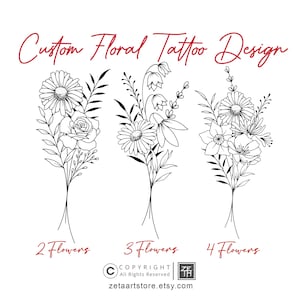 Custom Floral Tattoo Design, Personalized Tattoo, Small 1-4&quot;, Tattoo Commission, Birth Flower Tattoo Design, Fine Line Floral Tattoo Design