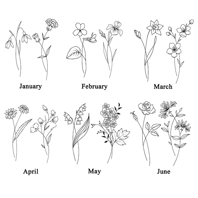 May include: Black and white line drawings of flowers representing each month of the year. January: Snowdrop, February: Violet, March: Daffodil, April: Daisy, May: Lily of the Valley, June: Rose.