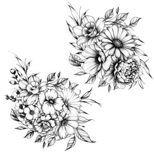 May include: Black and white floral illustration featuring two bouquets of various flowers and leaves. The detailed line art showcases a variety of blooms, including peonies, daisies, and other detailed floral arrangements. The image is set against a clean white background.