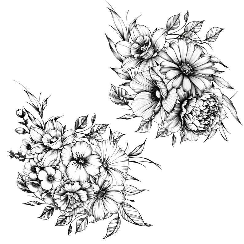 May include: Black and white floral illustration featuring two bouquets of various flowers and leaves. The detailed line art showcases a variety of blooms, including peonies, daisies, and other detailed floral arrangements. The image is set against a clean white background.