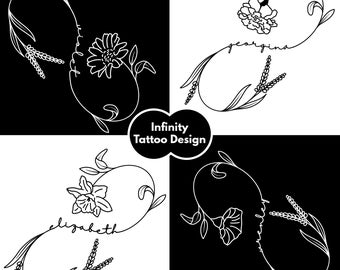 Infinity Symbol Geburt Blumen Name Tattoo Design | Personalisiertes Tattoo | Geburt Blumen Tattoo | Einzigartige Kunst | Geburt Blume Linie Zeichnung PNG SVG