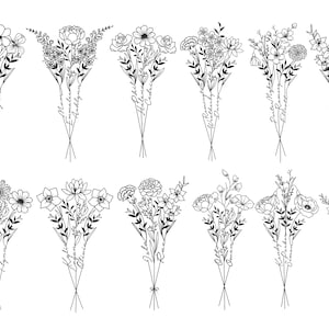 May include: A set of 10 black and white line drawings of floral bouquets with handwritten names underneath each bouquet. The names are: Peyton, Ryann, Emmaline, Hadley, Rosemary, Willow, Presley, Elliott, Olivia, and Summer.