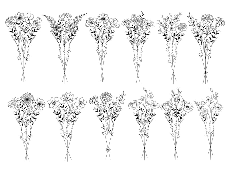 May include: A set of 10 black and white line drawings of floral bouquets with handwritten names underneath each bouquet. The names are: Peyton, Ryann, Emmaline, Hadley, Rosemary, Willow, Presley, Elliott, Olivia, and Summer.
