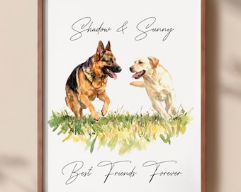 May include: A framed watercolor print featuring a German Shepherd and a yellow Labrador running in green grass. The text Shadow & Sunny appears at the top, and the text Best Friends Forever is printed at the bottom of the white background.