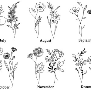 May include: Line art illustrations of flowers representing each month of the year.  July features a water lily, August features a poppy, September features a daisy, October features a cosmos, November features a chrysanthemum, and December features a narcissus.