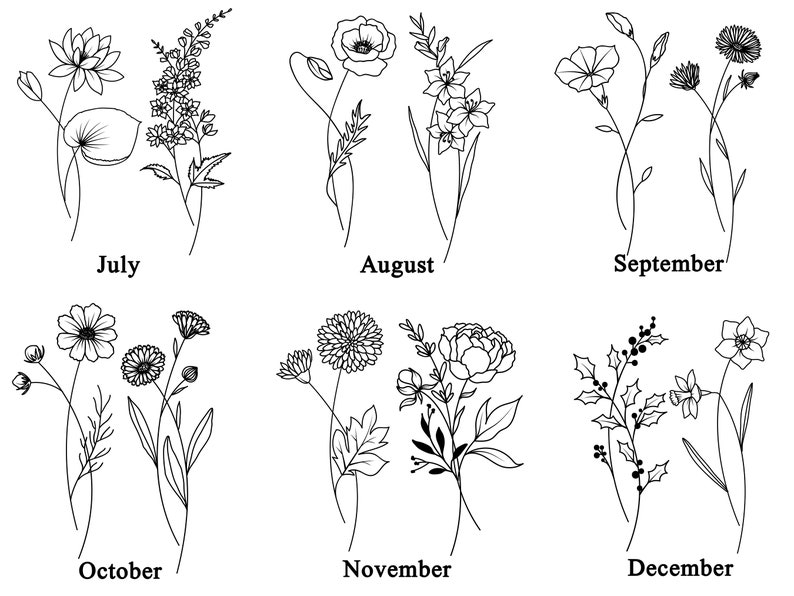 May include: Line art illustrations of flowers representing each month of the year.  July features a water lily, August features a poppy, September features a daisy, October features a cosmos, November features a chrysanthemum, and December features a narcissus.