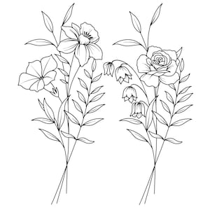 May include: A black and white line drawing of a bouquet of flowers. The bouquet includes a rose, a daffodil, a bellflower, and a petunia.