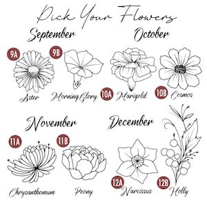 May include: A black and white line drawing illustration of flowers for each month, September through December. The flowers are labeled with their names and the months are labeled with the month name and a letter and number combination.