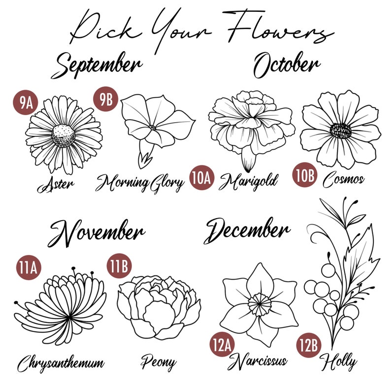 May include: A black and white line drawing illustration of flowers for each month, September through December. The flowers are labeled with their names and the months are labeled with the month name and a letter and number combination.