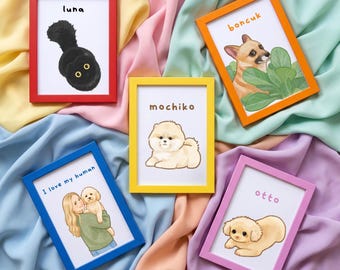 May include: Five rectangular picture frames in red, orange, yellow, blue, and pink, each containing a white print. The prints feature illustrations of pets and a person with text including luna, boncuk, mochiko, I love my human, and otto.