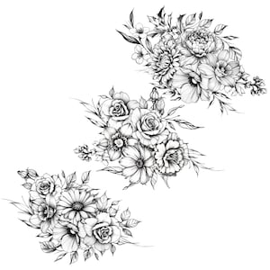 May include: Black and white floral illustration featuring three bouquets of various flowers. The bouquets include roses, daisies, and other detailed blooms, with intricate shading and delicate line work. The image is set against a plain white background.