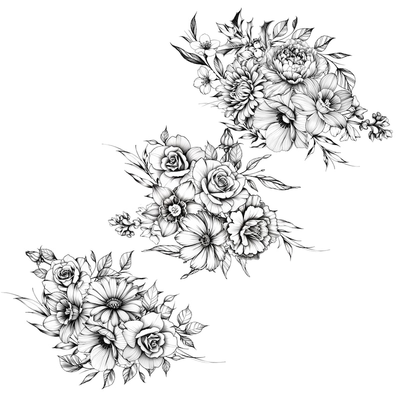 May include: Black and white floral illustration featuring three bouquets of various flowers. The bouquets include roses, daisies, and other detailed blooms, with intricate shading and delicate line work. The image is set against a plain white background.