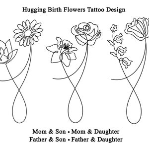Birth Flower Tattoo Design, Hugging Line Art Birth Flowers, Mom and Son Personalized Tattoo Design, Mom and Daughter Tattoo, Bouquet Tattoo