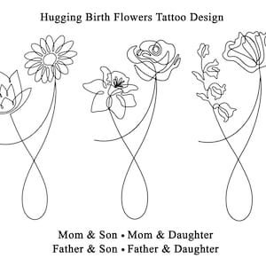 Birth Flower Tattoo Design, Hugging Line Art Birth Flowers, Mom and Son Personalized Tattoo Design, Mom and Daughter Tattoo, Bouquet Tattoo