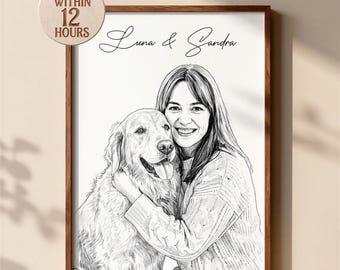 May include: A framed black and white line art portrait featuring a person hugging a dog, with the text "Luna & Sandra" above them and a circular badge in the corner stating "READY WITHIN 12 HOURS" in a brown and white color scheme.