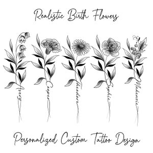 Realistic Birth Month Flower Design | Personalised Custom Floral Name Tattoo | Family Line Art Tattoo | Birth Flower | Minimalist Print Gift