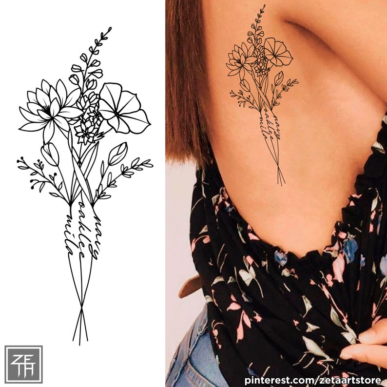 May include: Line art tattoo design of a bouquet of flowers with the names "Mary", "Callie", and "Mila" written on the stems.