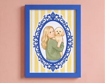 May include: A framed illustration featuring a person with long blonde hair wearing a green sweater, holding a small cream-colored dog. The artwork is set within a blue oval filigree border against a yellow and white vertical striped background.