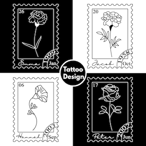 Birth Flower Stamp Tattoo Design, Name Logo Design, Flower Line Art SVG, Fine Line Tattoo, Minimal Tattoo Design, Custom Tattoo Commission
