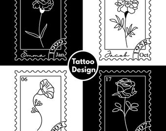 Birth Flower Stamp Tattoo Design: Custom Name Line Art (SVG, PNG, PDF)