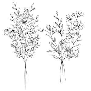 May include: Two black and white line drawings of bouquets of flowers. The first bouquet features a large daisy with smaller flowers and bell-shaped flowers. The second bouquet features a large poppy with smaller flowers.