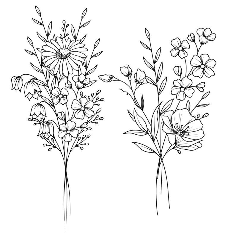 May include: Two black and white line drawings of bouquets of flowers. The first bouquet features a large daisy with smaller flowers and bell-shaped flowers. The second bouquet features a large poppy with smaller flowers.