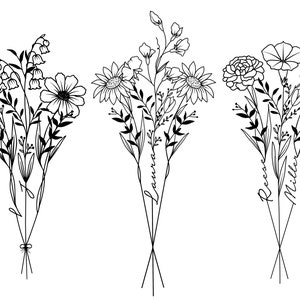 May include: Three black and white line drawings of floral bouquets with names written on the stems. The bouquets are arranged vertically, with the first bouquet labeled "Jenna", the second bouquet labeled "Laura", and the third bouquet labeled "Reese Miller".