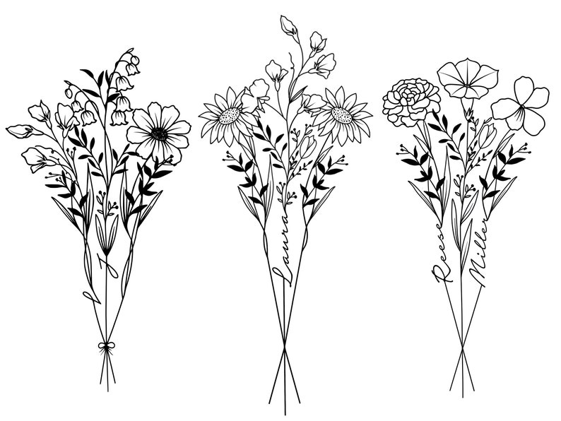 May include: Three black and white line drawings of floral bouquets with names written on the stems. The bouquets are arranged vertically, with the first bouquet labeled "Jenna", the second bouquet labeled "Laura", and the third bouquet labeled "Reese Miller".