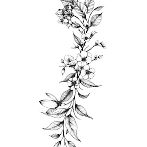 May include: Black and white line drawing of a floral branch with delicate flowers and leaves.