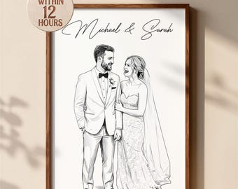 May include: A framed black and white line art illustration of a wedding couple. The man wears a tuxedo with a bowtie, and the woman wears a strapless gown with a veil. The text "Michael & Sarah" is written above them. A circular badge reads "READY WITHIN 12 HOURS".