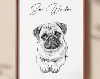 May include: A framed wall art print featuring a black and white pencil sketch of a pug dog in a lying position. Above the dog, the text Sir Winston is written in a black cursive script. The artwork is enclosed in a simple brown wooden frame.