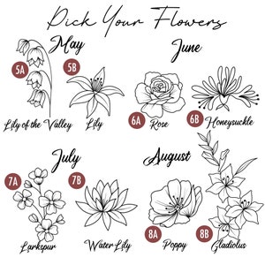 May include: A black and white line drawing illustration of flowers for each month of the year, May through August. The flowers are labeled with their names and the month they bloom. The flowers include Lily of the Valley, Lily, Rose, Honeysuckle, Larkspur, Water Lily, Poppy, and Gladiolus.