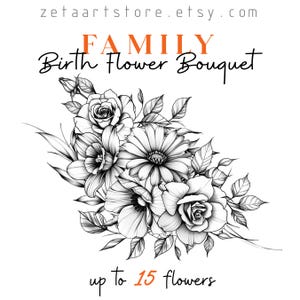 Individueller Geburtsblumenstrauß, Familie Geburtsmonat Tattoo-Design, Bis zu 15 Blumen, Blumenstrauß-Druck, Florales Tattoo-Design, Digitaldruck