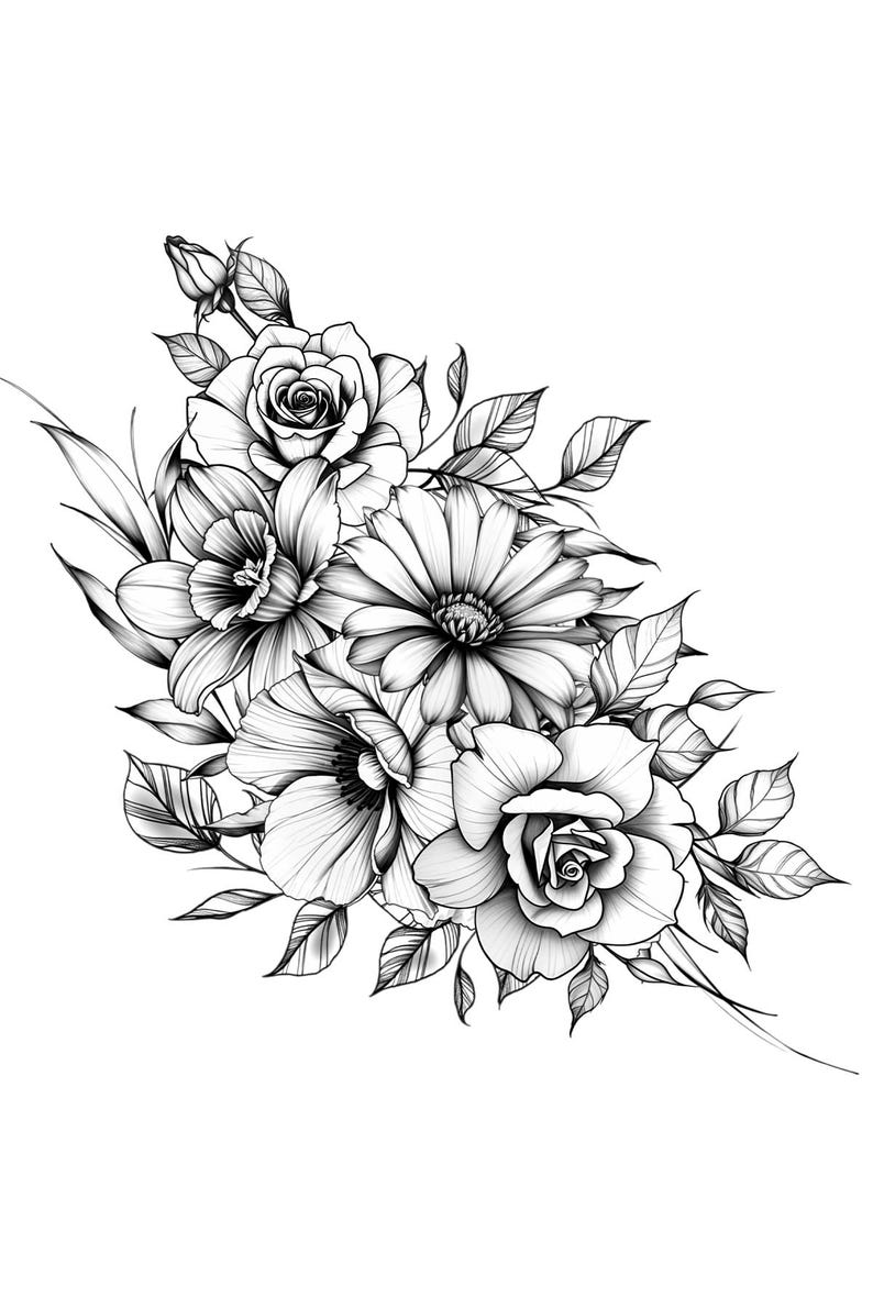 Op de afbeelding: Een zwart-witte lijntekening van een boeket bloemen, waaronder rozen, madeliefjes en andere bloemen. De bloemen zijn in een losse, vloeiende stijl gerangschikt, met bladeren en stelen die vanuit het midden naar buiten reiken.