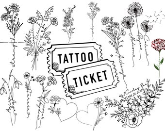 May include: Black and white line art floral tattoo designs with the words "Tattoo Ticket" in a ticket shape. The designs include flowers, leaves, and dandelions. Some designs have handwritten text with names and dates.
