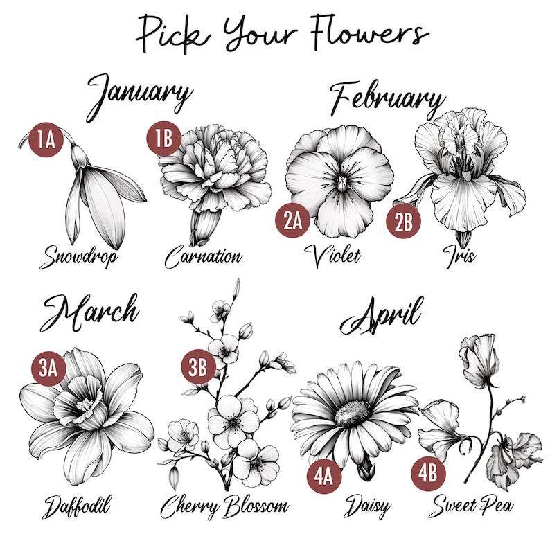 May include: Black and white illustration of flowers representing months of the year. The text "Pick Your Flowers" is at the top. Flowers include snowdrop, carnation, violet, iris, daffodil, cherry blossom, daisy, and sweet pea.
