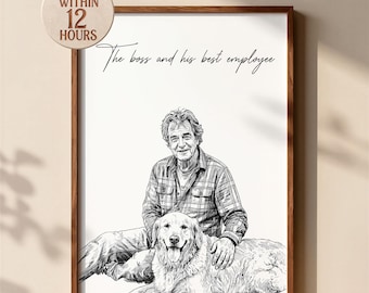May include: A black and white line art portrait in a wooden frame featuring a person wearing a plaid shirt sitting with a golden retriever. The text "The boss and his best employee" is written above them in a cursive script font.