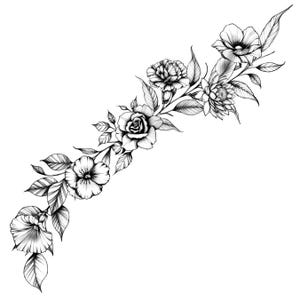 May include: Black and white line drawing of a floral arrangement with roses, carnations, and other flowers. The flowers are arranged in a flowing, cascading pattern.